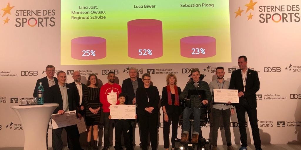 SdS Publikumspreis Gruppenfoto mit Ergebnis Sterne des Sports Publikumspreis Luca Biwer